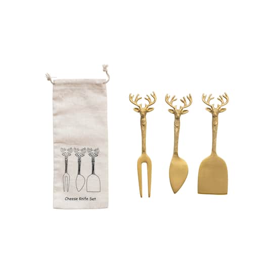 Hello Honey® 7" Brass Reindeer Handle Cheese Knives Set